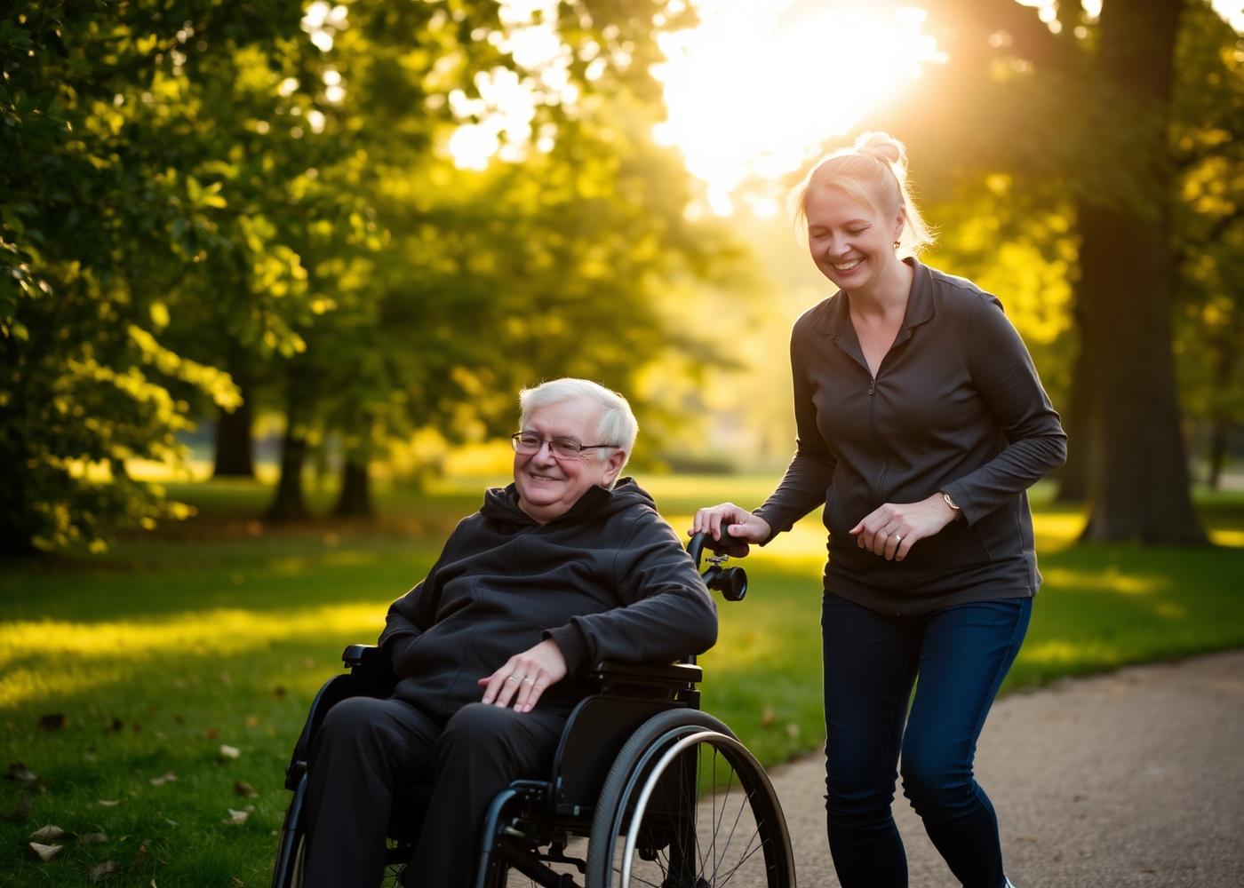 A carer walking with a man in a wheelchair through a park