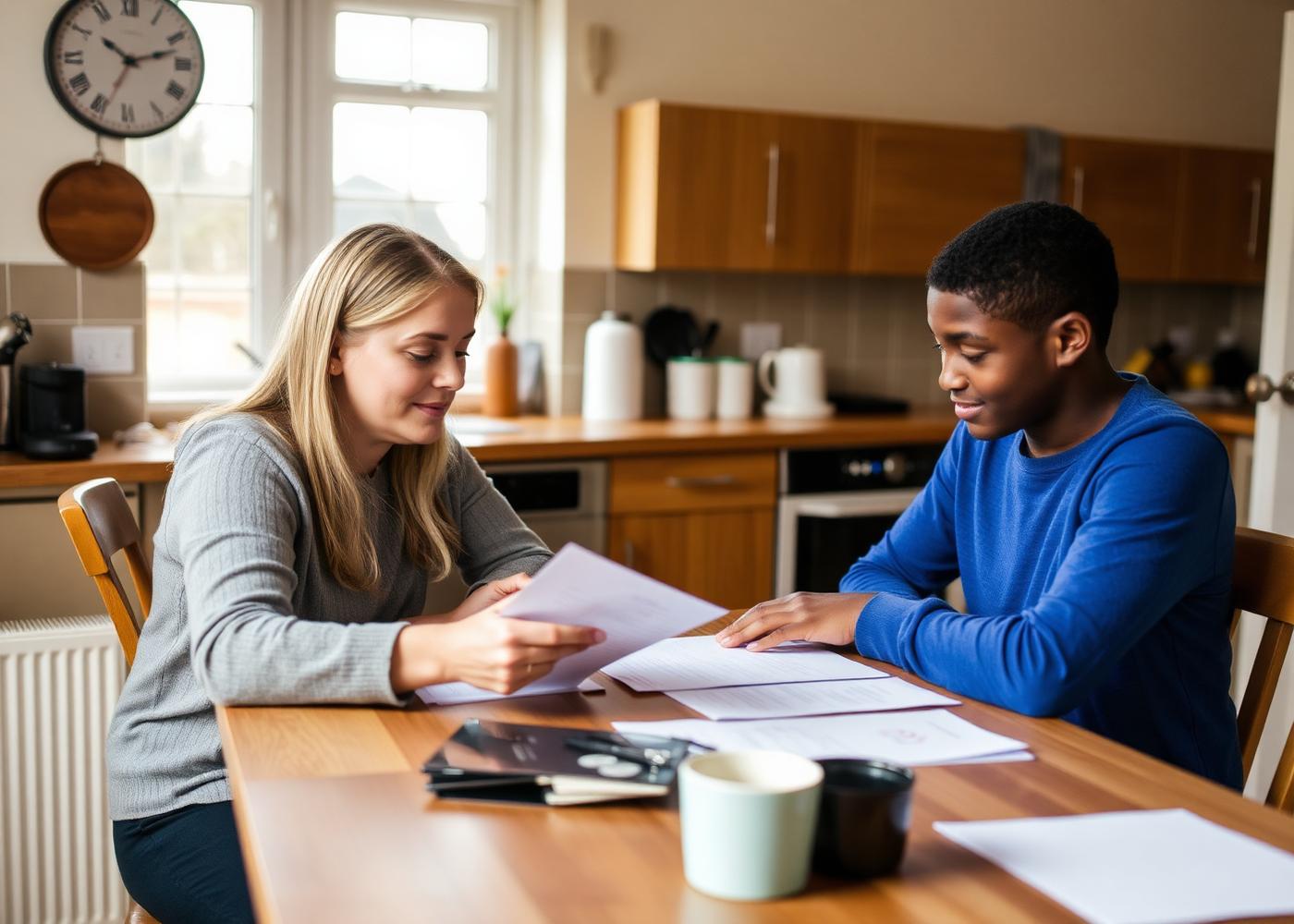 A support worker helping a young person complete paperwork at a kitchen table